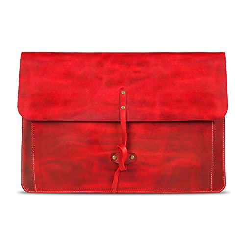 Londo - Funda MacBook Pro de Piel de Grano Real con Bolsillo Frontal y Cierre con Solapa (Rojo