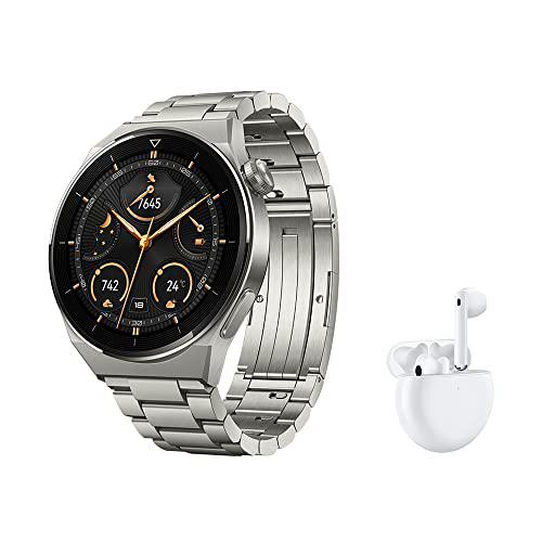 HUAWEI Watch GT 3 Pro Smartwatch,Cuerpo de Titanio,Esfera de Zafiro,monitorización de saturación de oxígeno&amp;frecuencia cardíaca,Larga duración de la batería,Titanio+freebuds 4 Blanco