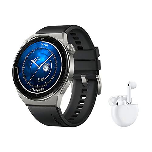 HUAWEI Watch GT 3 Pro Smartwatch,Cuerpo de Titanio,Esfera de Zafiro,monitorización de saturación de oxígeno&amp;frecuencia cardíaca,Larga duración de la batería,Negro+freebuds 4 Blanco