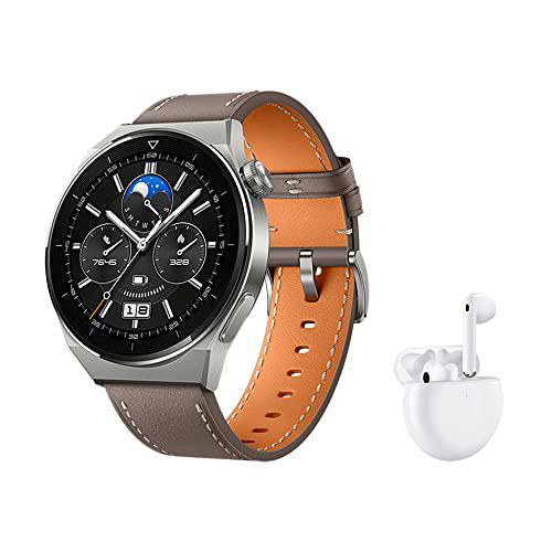 HUAWEI Watch GT 3 Pro Smartwatch,Cuerpo de Titanio,Esfera de Zafiro,monitorización de saturación de oxígeno&amp;frecuencia cardíaca,Larga duración de la batería,Gris+freebuds 4 Blanco
