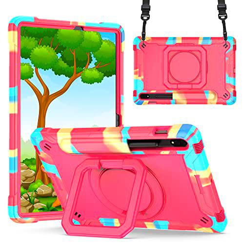Anewone Funda para Samsung Tab S7/S8 11 Pulgadas 2022: Cubierta de TPU Protectora a Prueba de choques de Grado Militar -360 Grados giratorios de Patada a Prueba de Choque Rugged-Rosa Colorida