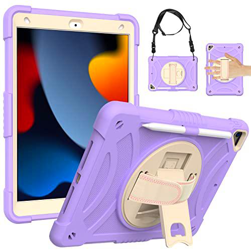 Funda de generación Universal para iPad 7th 10.2(2019) con Protector de Pantalla Portalápices Soporte Giratorio Correa de Mano/Hombro Funda Protectora Duradera para iPad (púrpura)
