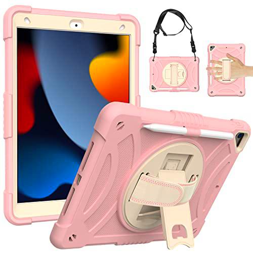 Funda de generación Universal para iPad 8th 10.2(2020) con Protector de Pantalla Portalápices Soporte Giratorio Correa de Mano/Hombro Funda Protectora Duradera para iPad (Oro Rosa)