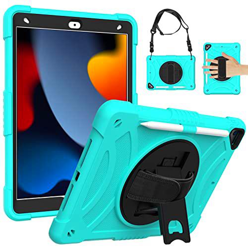 Funda de generación Universal para iPad 7th 10.2(2019) con Protector de Pantalla Portalápices Soporte Giratorio Correa de Mano/Hombro Funda Protectora Duradera para iPad (Menta Verde)