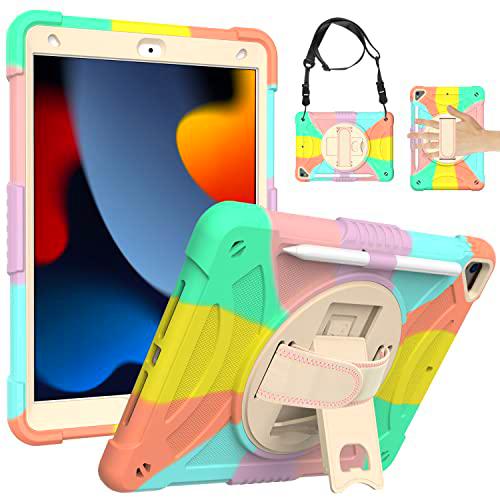 Funda de generación Universal para iPad 7th 10.2(2019) con Protector de Pantalla Portalápices Soporte Giratorio Correa de Mano/Hombro Funda Protectora Duradera para iPad (Vistoso)