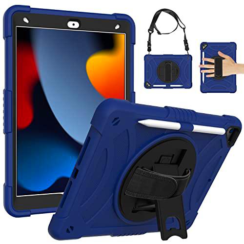Funda de generación Universal para iPad 8th 10.2(2020) con Protector de Pantalla Portalápices Soporte Giratorio Correa de Mano/Hombro Funda Protectora Duradera para iPad (Azul Marino)