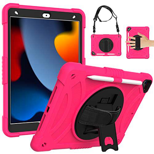 Funda de generación Universal para iPad 7th 10.2(2019) con Protector de Pantalla Portalápices Soporte Giratorio Correa de Mano/Hombro Funda Protectora Duradera para iPad (Rosa roja)
