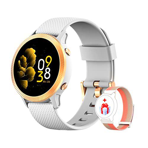 IOWODO Smartwatch Mujer, Reloj Inteligente Mujer IP68 con Oxímetro(SpO2) Notificación de Mensajes Esfera Personalizada Pulsometro Podómetro Sueño,1.09 Pulgadas Pantalla para iOS Android(2 Correas)